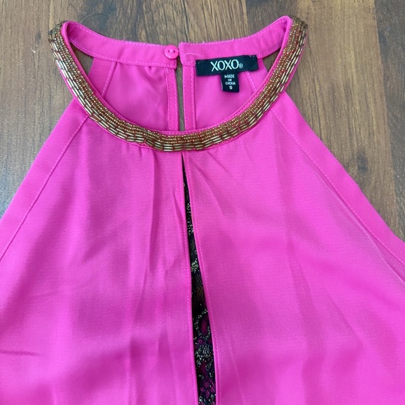 XOXO Fuchsia Halter Top with Black And Gold Lace - Picture 4 of 9